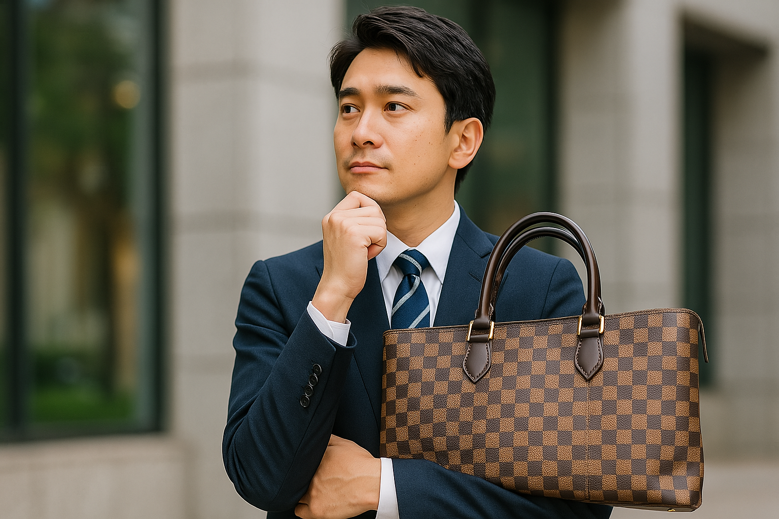 以下のタイトルのイメージの写真風のイラストを作成してください。す。サイズ：1280×670 人物が入る場合は日本人で作成して下さい 雰囲気や表情はあまり暗くしないでください 文字テキストは入れないでください タイトル： ルイ・ヴィトンの市松模様の商標登録は？ 