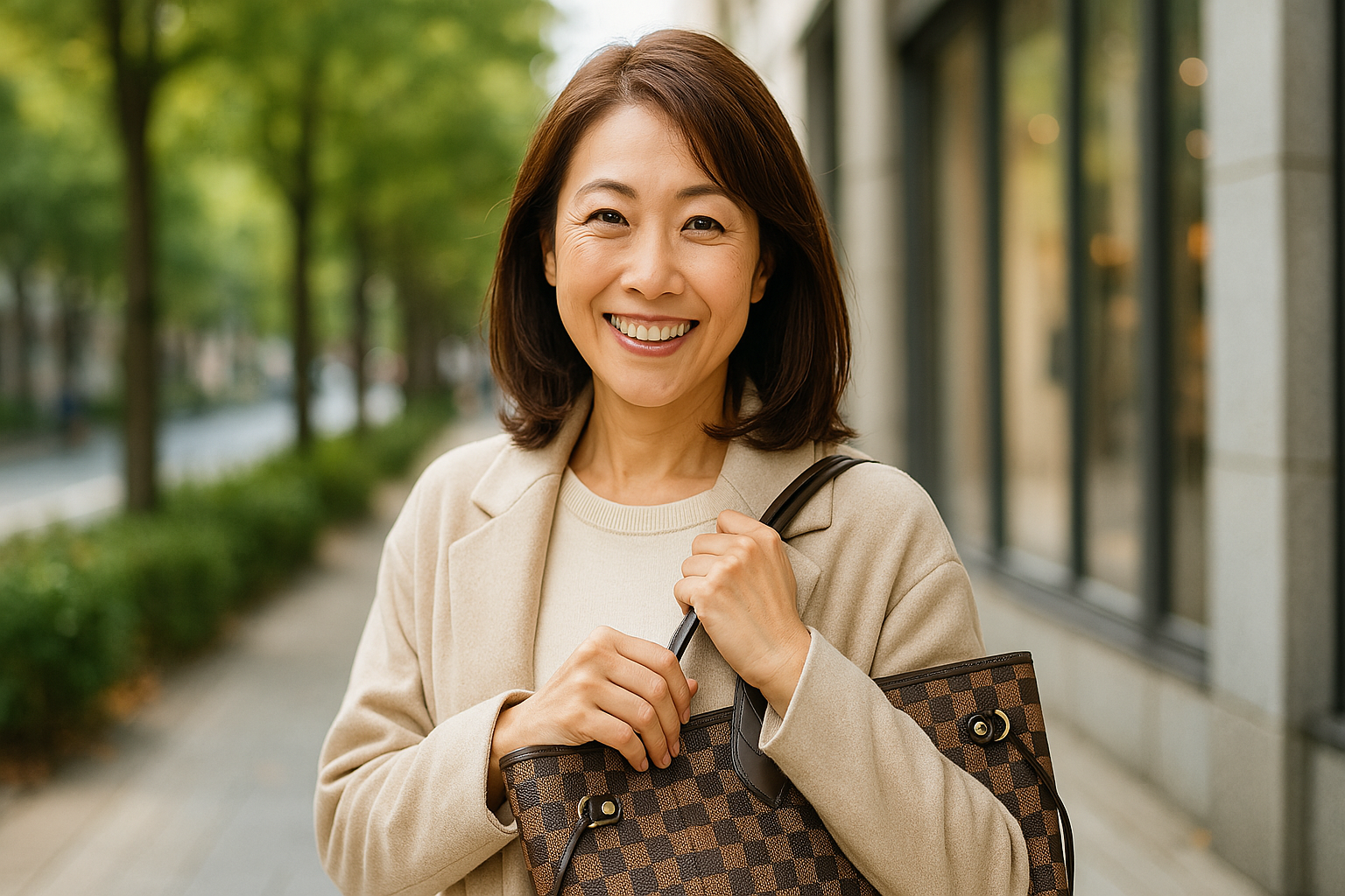 以下のタイトルのイメージの写真風のイラストを作成してください。す。サイズ：1280×670 人物が入る場合は日本人で作成して下さい 雰囲気や表情は明るくしてください 文字テキストは入れないでください タイトル： ルイヴィトンは何歳まで使えますか？ 